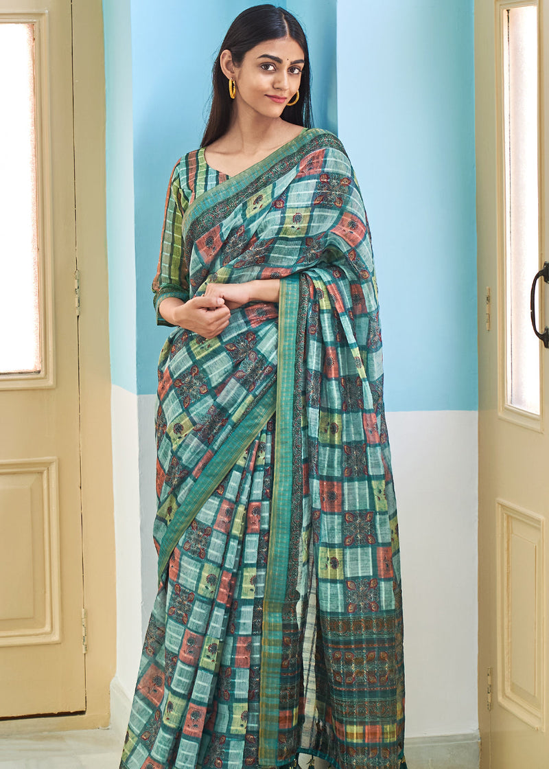 Oracle Blue Printed Linen Saree