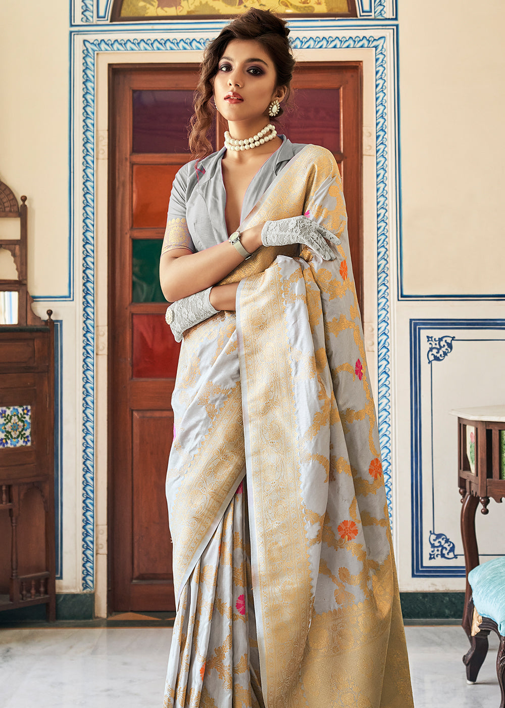 Buy MySilkLove Bison Grey Zari Woven Dola Silk Saree Online