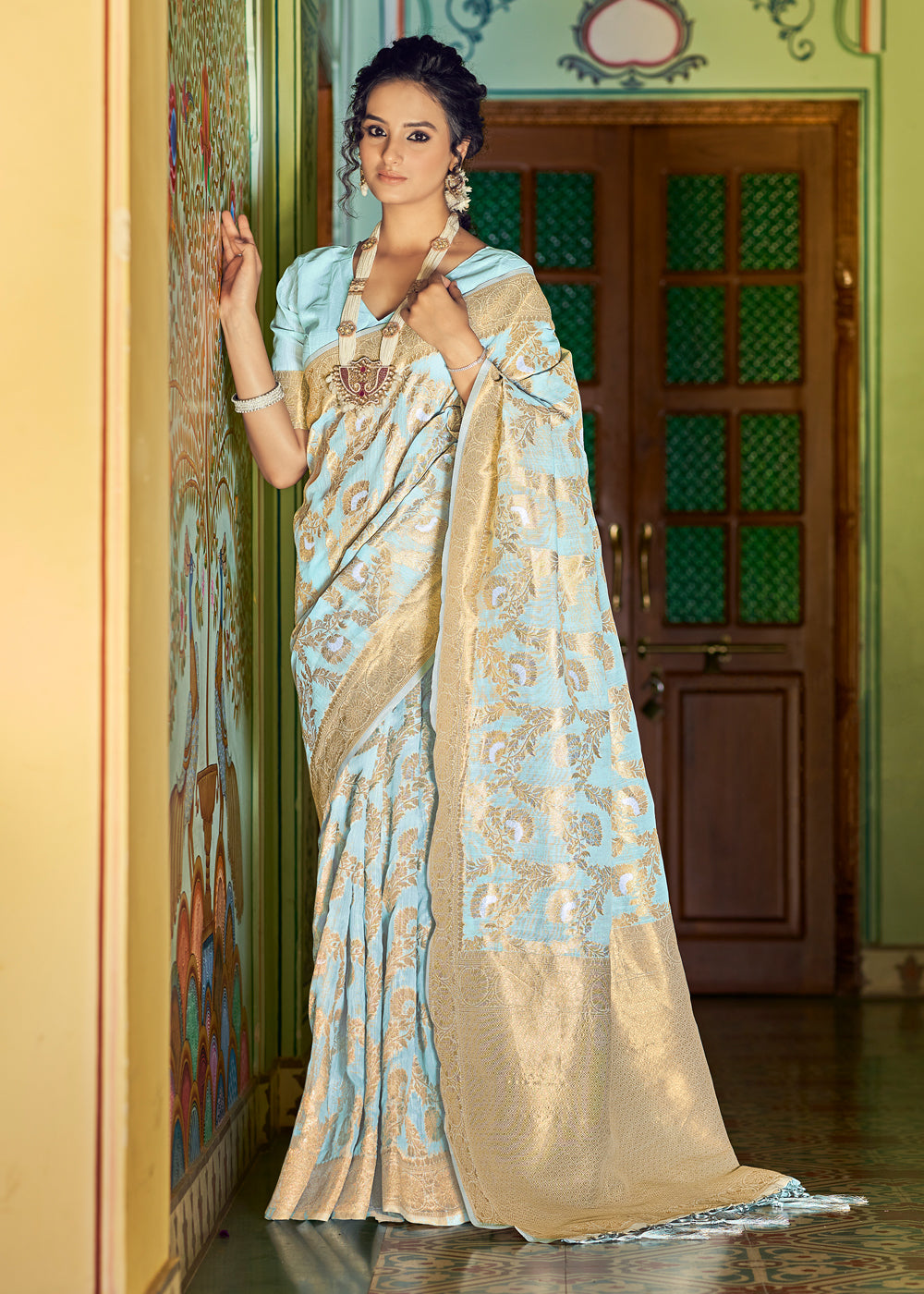 Buy MySilkLove Opal Blue Zari Woven Banarasi Linen Saree Online