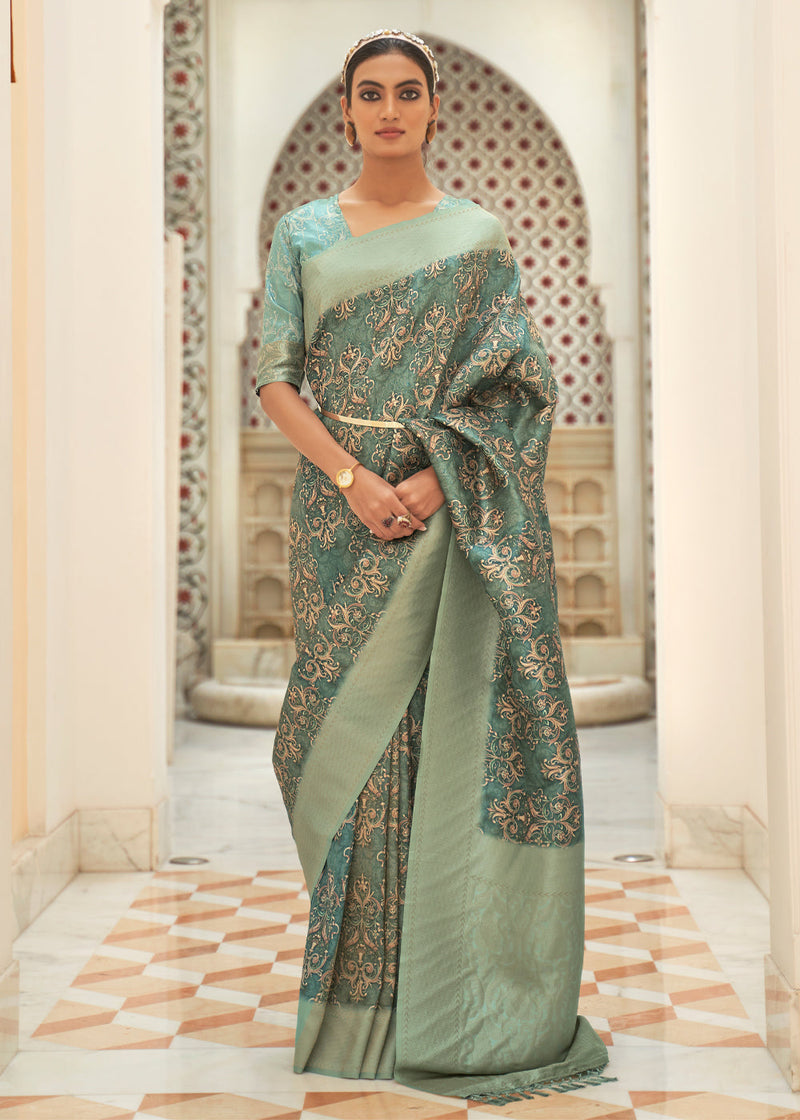 Battleship Green Digital Print Saree