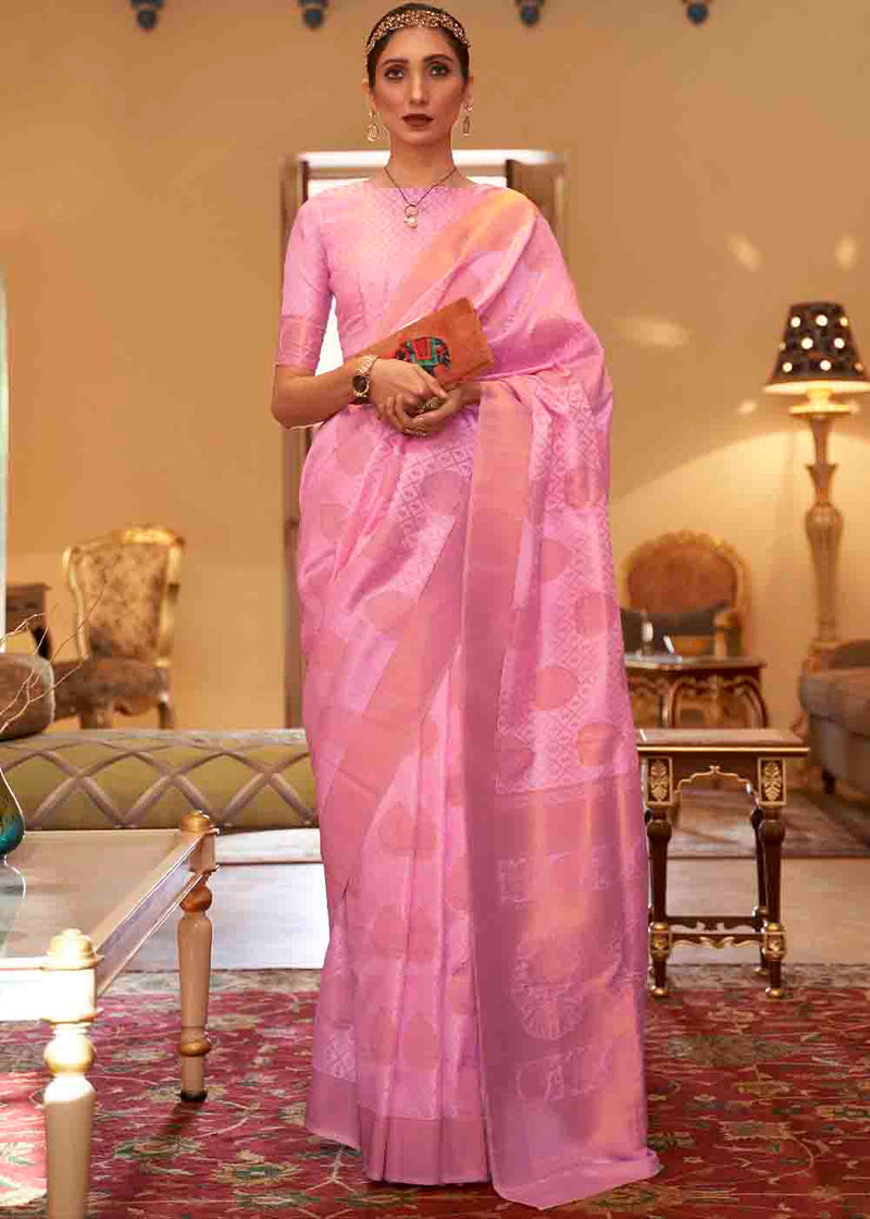 Carnation Pink Banarasi Silk Handloom Saree