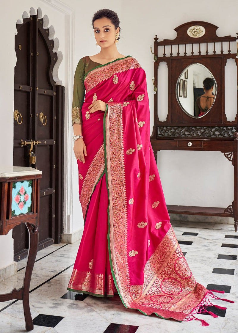 Mojo Pink Zari Woven Banarasi Silk Saree