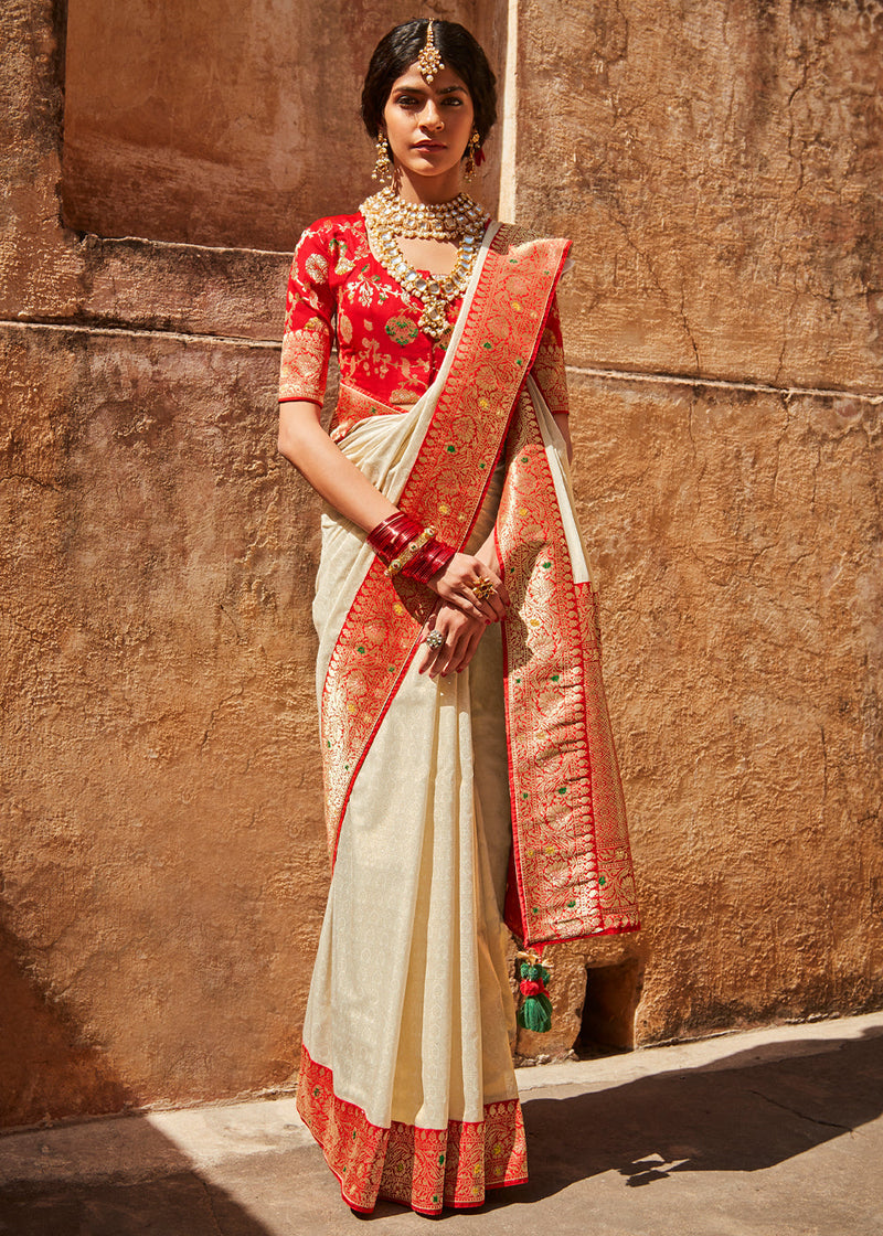 Grain Cream and Red Zari Woven Designer Banarasi Saree