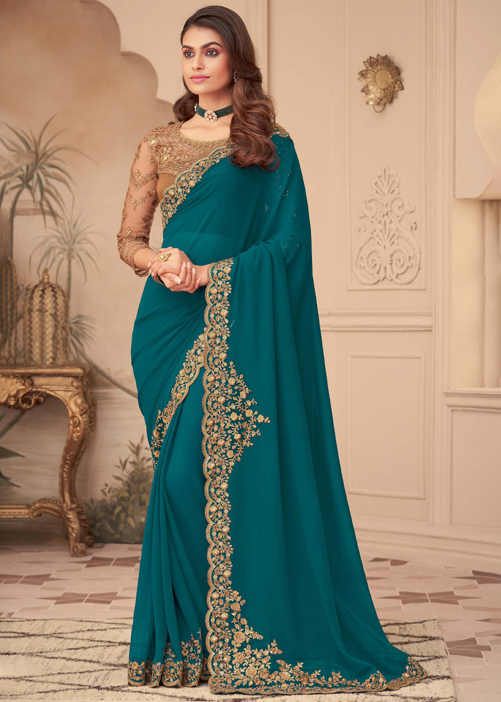 Buy MySilkLove Blue Stone Georgette Designer Saree with Embroidered Blouse Online