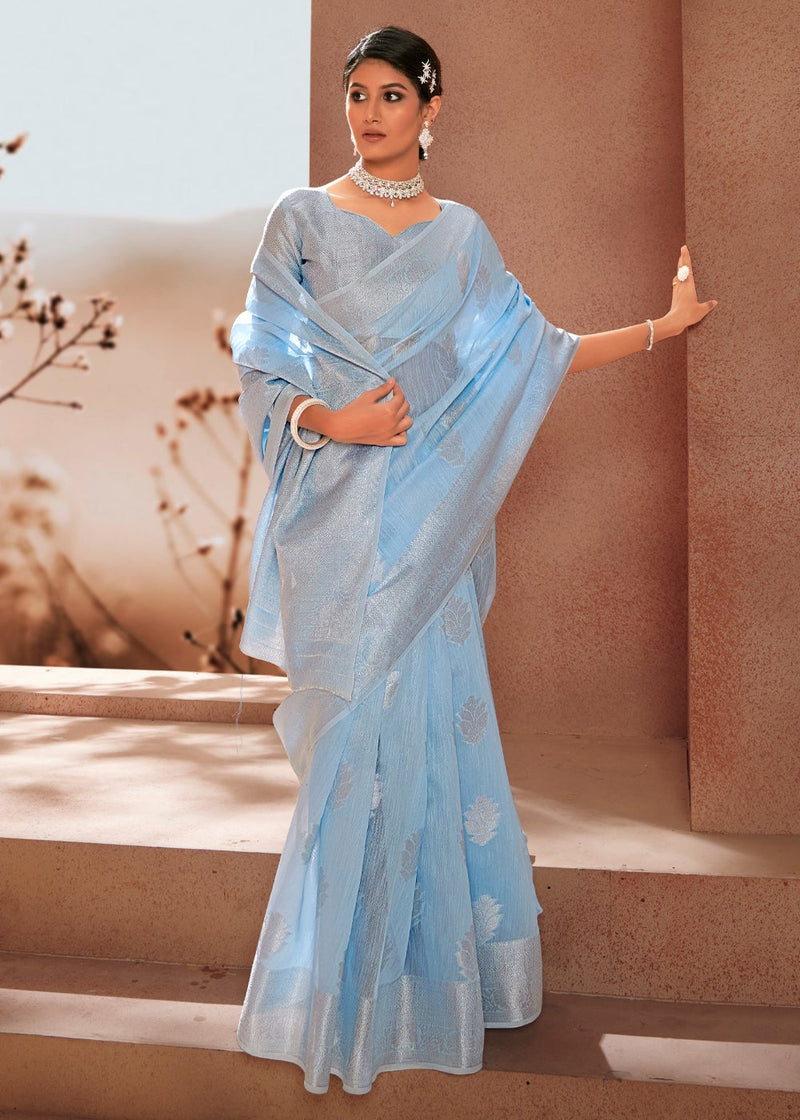 Spindle Blue Zari Woven Banarasi Linen Saree
