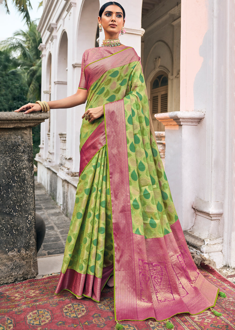 Buy MySilkLove Celery Green and Pink Woven Organza Banarasi Silk Saree Online