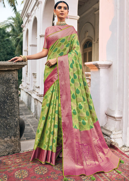 Handloom Pink Kanjivaram Silk Saree With Green And Black Border –  WeaverStory