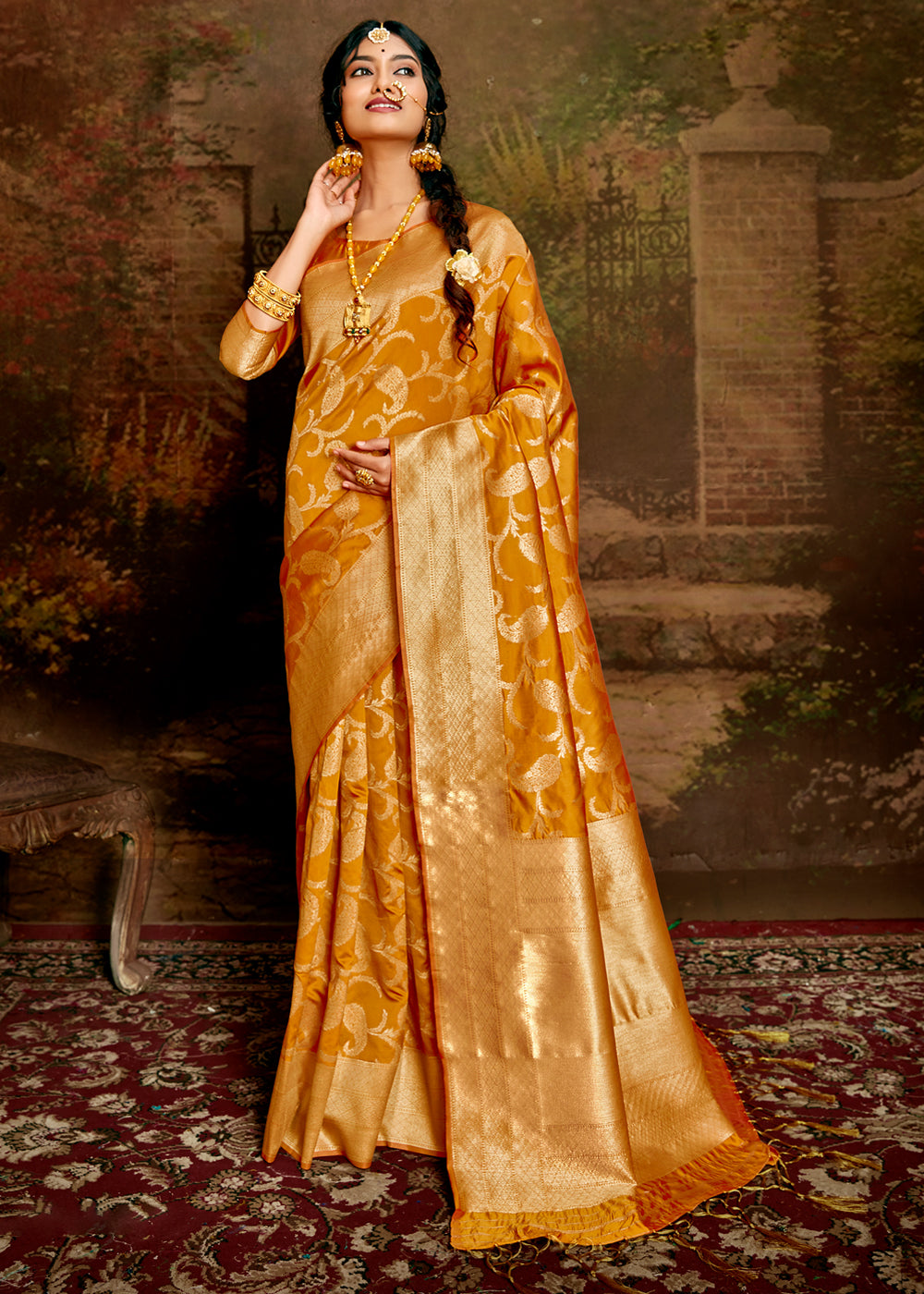 Buy MySilkLove Ochre Yellow Zari Woven Banarasi Jamdani Silk Saree Online