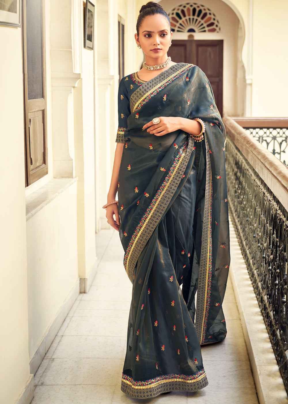 Buy MySilkLove Outer Space Grey Woven Banarasi Georgette Silk Saree Online