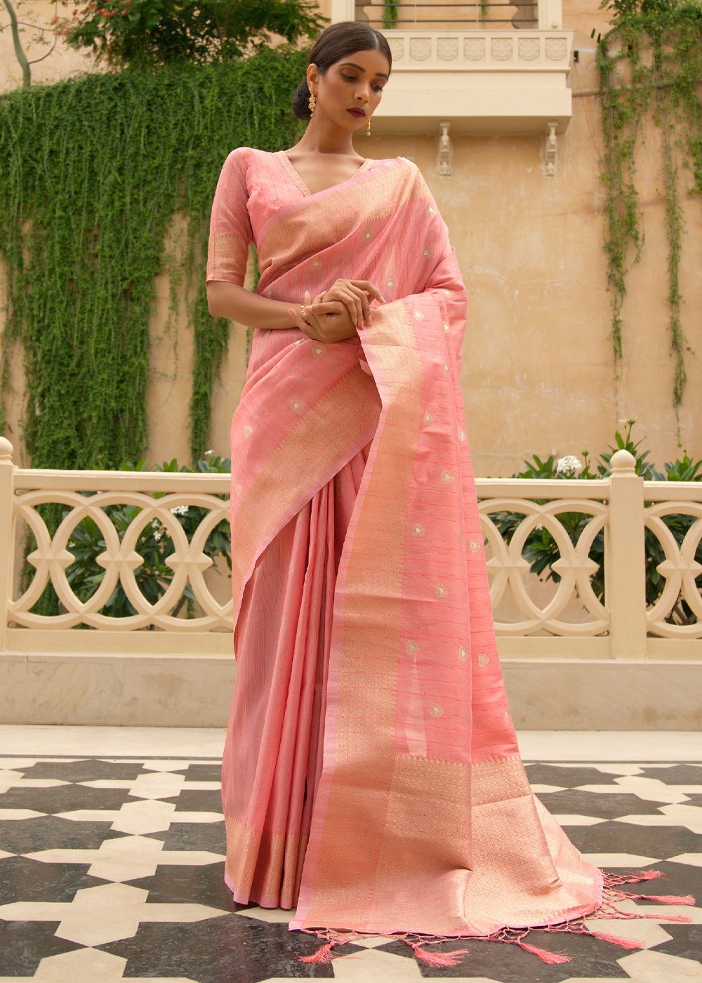 Buy MySilkLove Japonica Pink Zari Woven Tussar Silk Saree Online