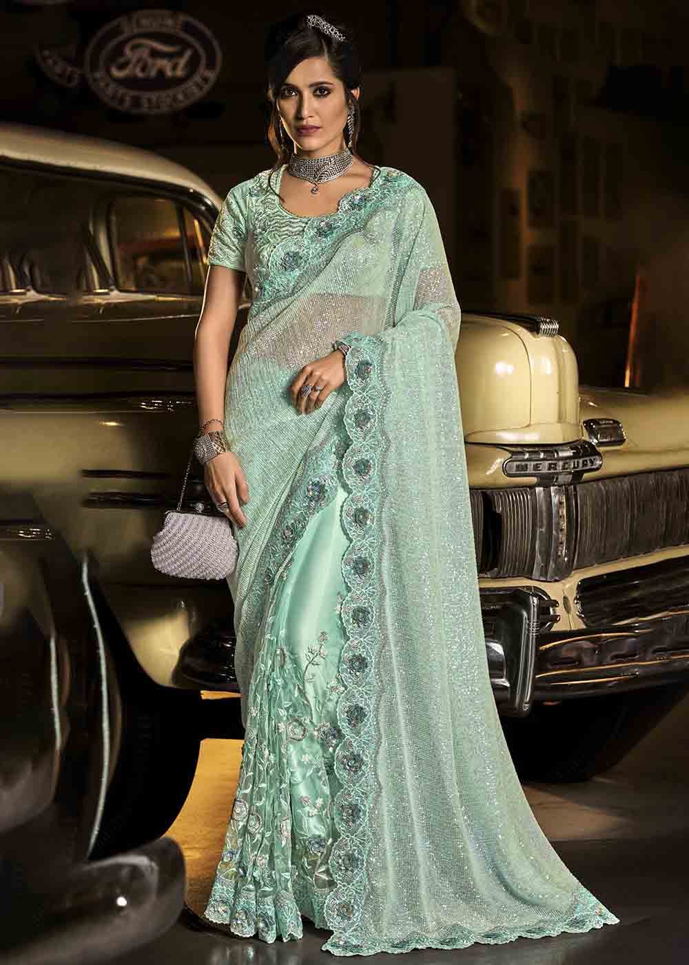 Buy MySilkLove Ash Blue Heavy Work Designer Net Saree Online