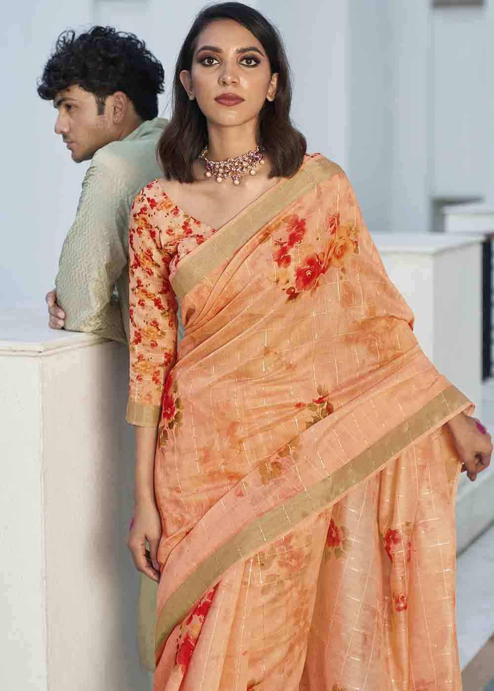 Buy MySilkLove Copper Orange Digital Floral Printed Saree Online