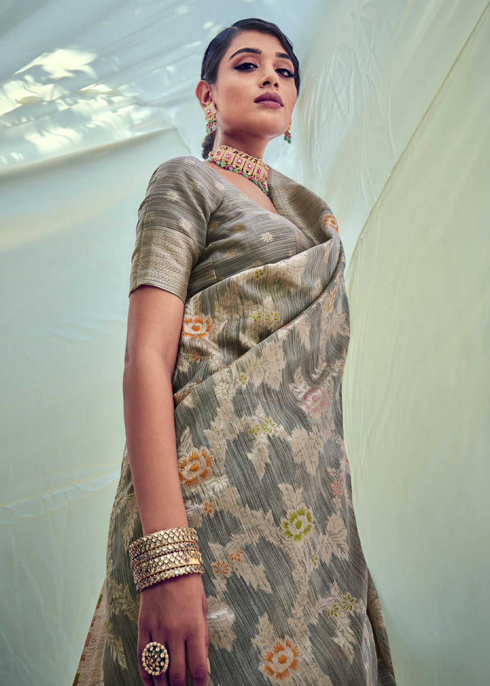 MySilkLove Grey Olive Zari Woven Banarasi Linen Saree