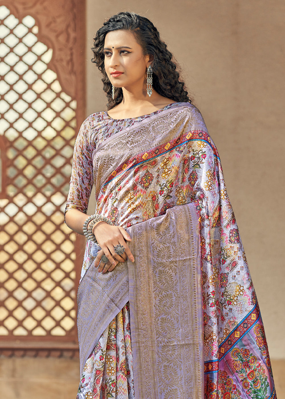 MySilkLove Lilac Luster Purple Digital Printed Jacquard Silk Saree