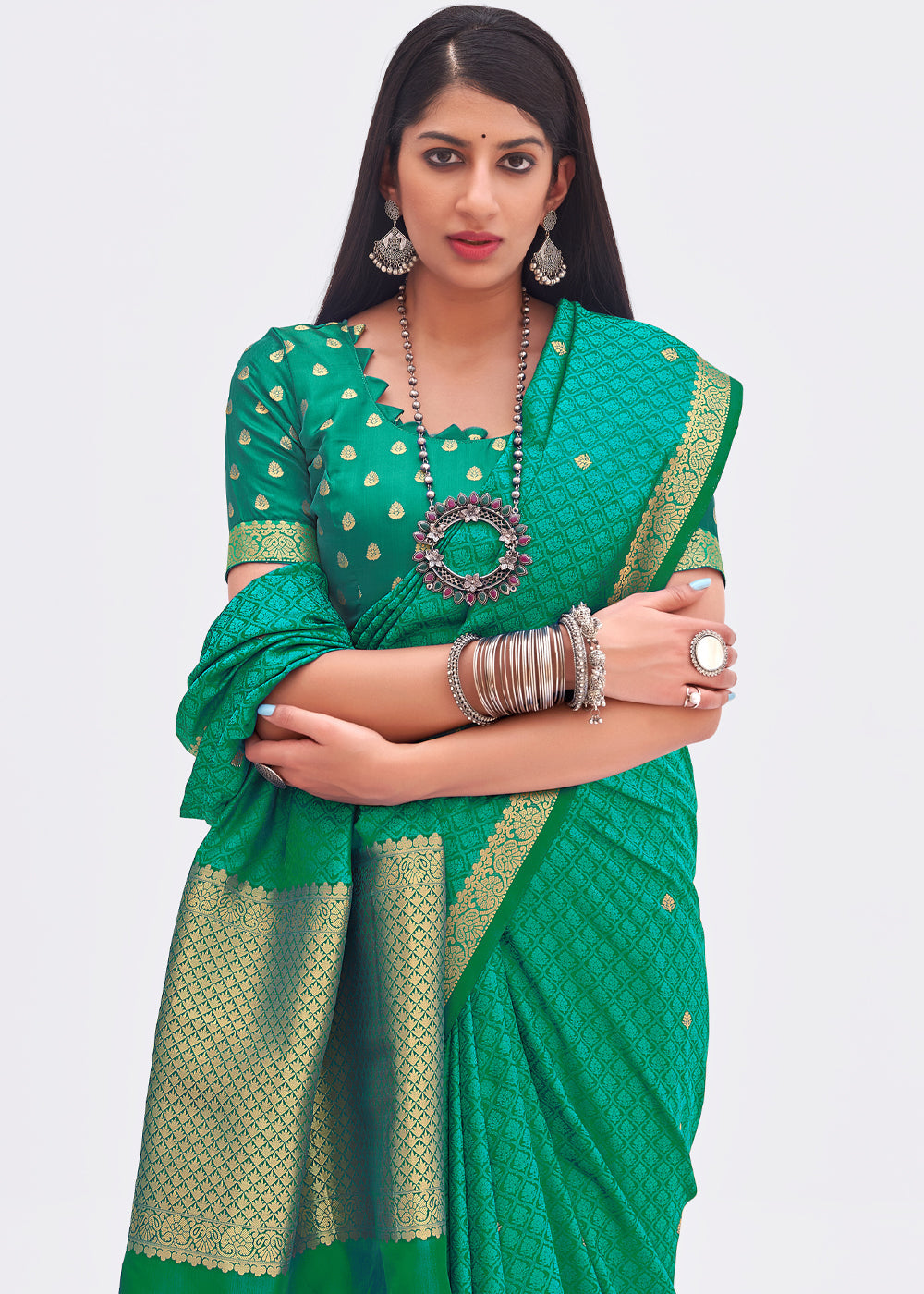 Buy MySilkLove Fountain Green Zari Woven Banarasi Saree Online