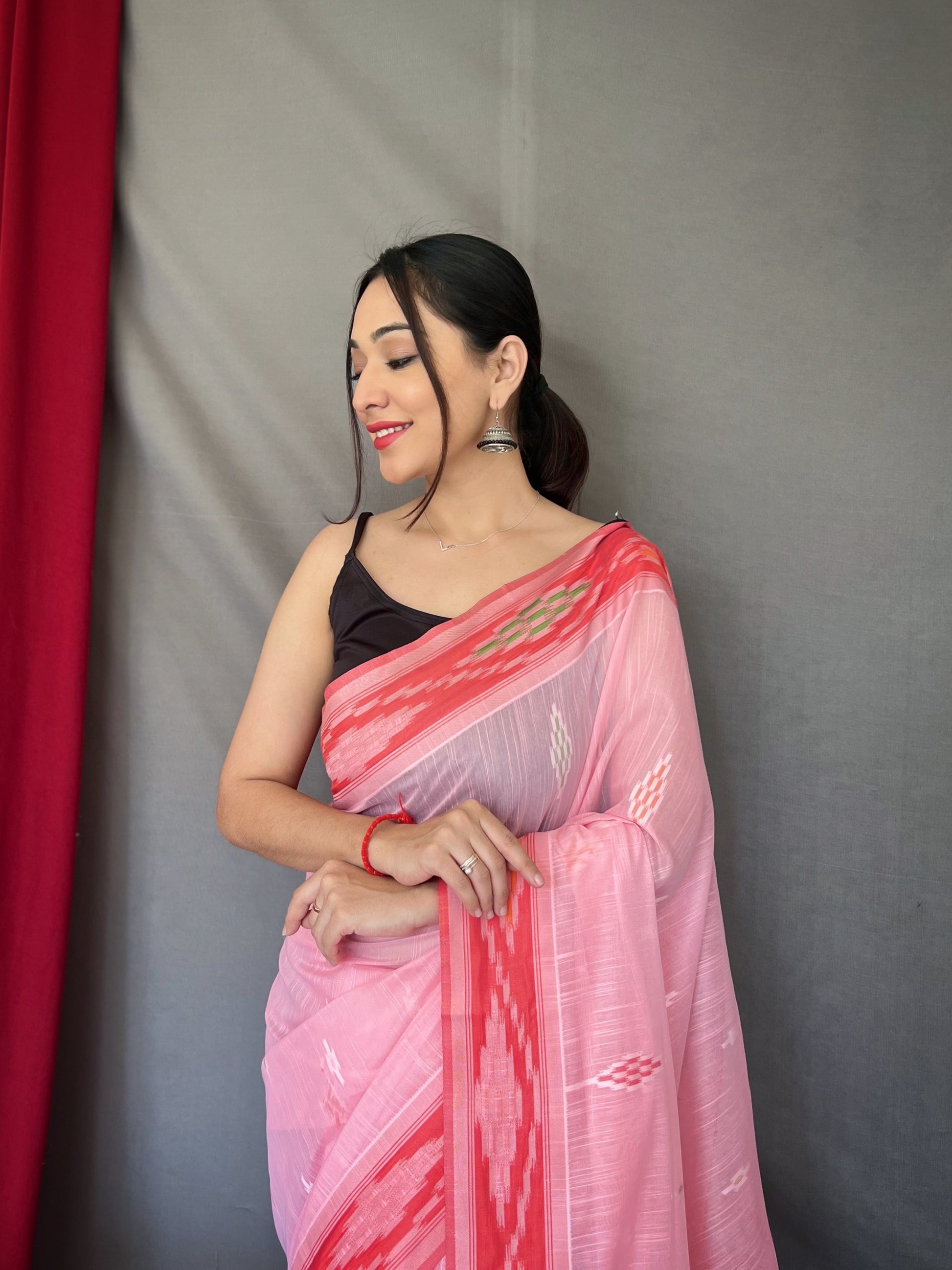 Buy MySilkLove Pastel Pink Ikat Woven Cotton Silk Saree Online