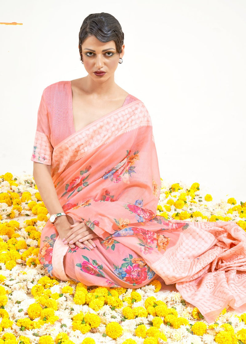My Pink Zari Woven Digital Printed Linen Saree