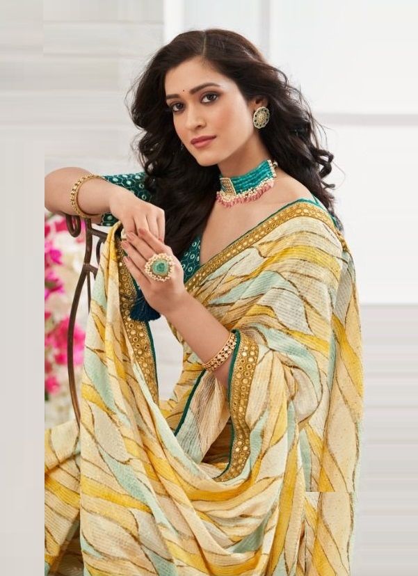 MySilkLove Anzac Yellow Chinon Printed Saree