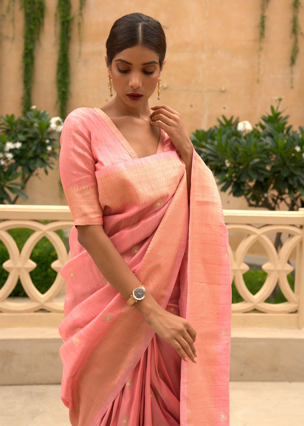 MySilkLove Japonica Pink Zari Woven Tussar Silk Saree