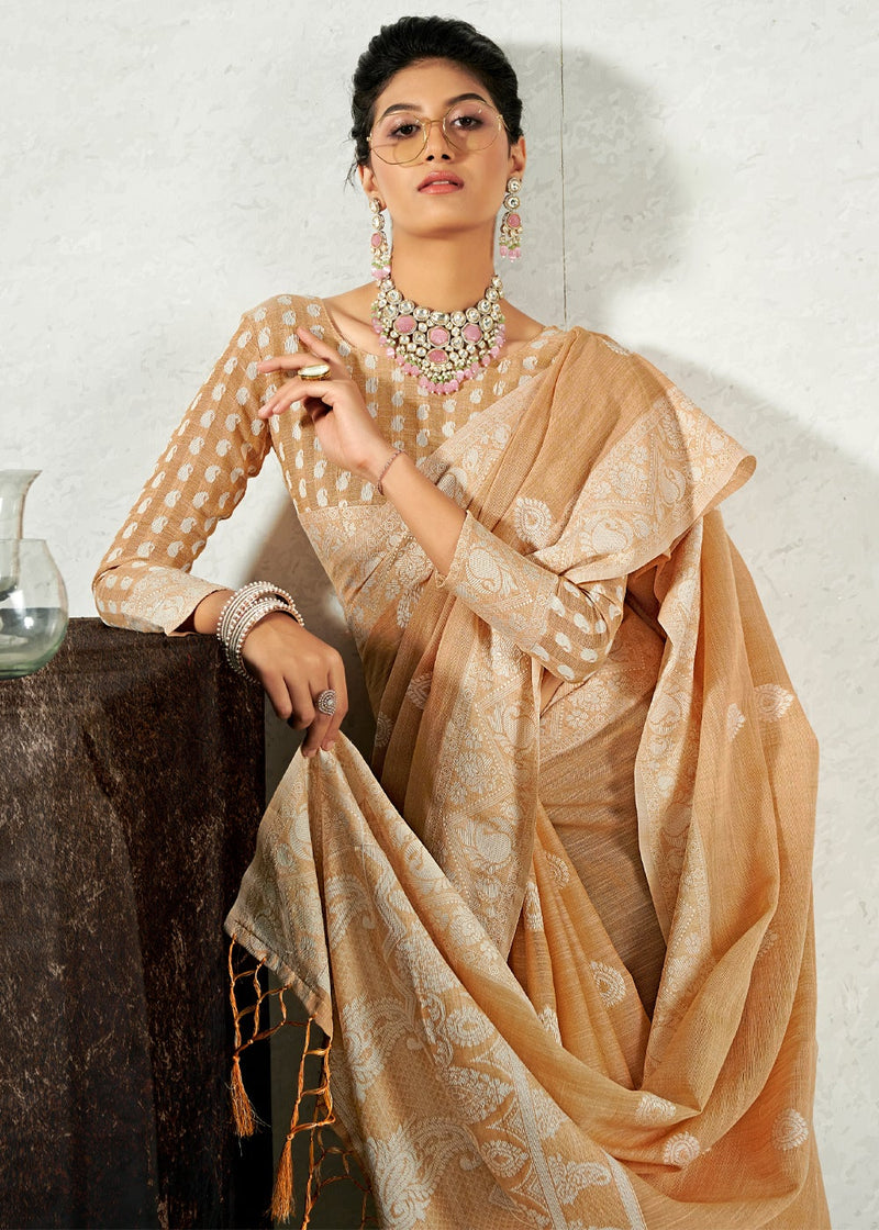 Navajo Cream Zari Woven Linen Saree