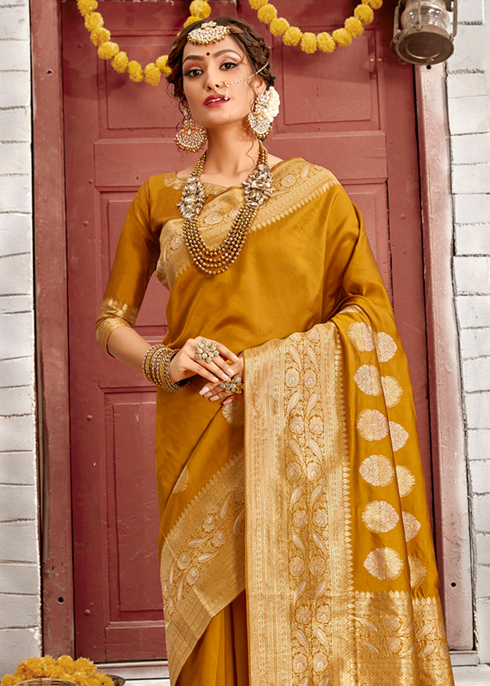 MySilkLove Brandy Punch Yellow Zari Woven Banarasi Jamdani Silk Saree