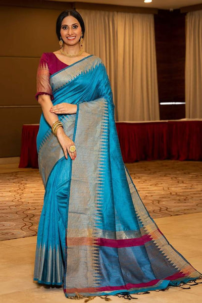 New Fashion Silk Saree With Sky Blue Heavy Border