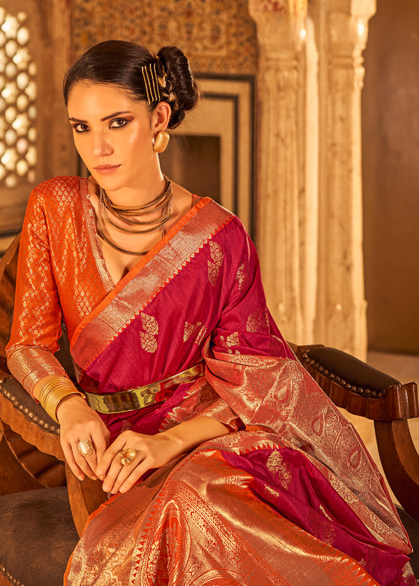 Rusty Red Banarasi Tussar Woven Silk Saree