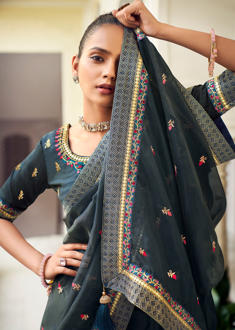 Buy MySilkLove Outer Space Grey Woven Banarasi Georgette Silk Saree Online