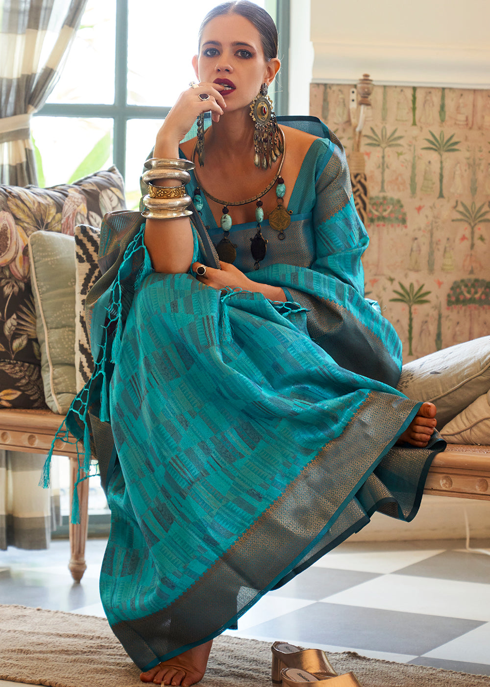 MySilkLove Tradewind Blue Handloom Organza Silk Saree by bollywood actress Kalki Koechlin