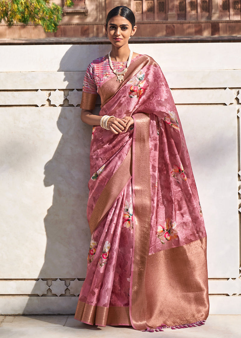 Rust Pink Digital Printed Banarasi Cotton Saree