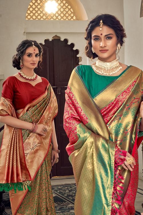 Buy MySilkLove Sapling Green and Red Zari Woven Banarasi Saree Online