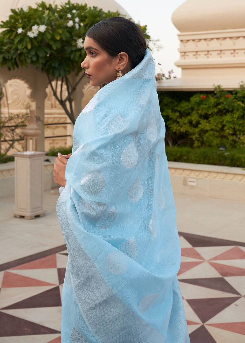 Morning Glory Blue Zari Woven Banarasi Linen Saree