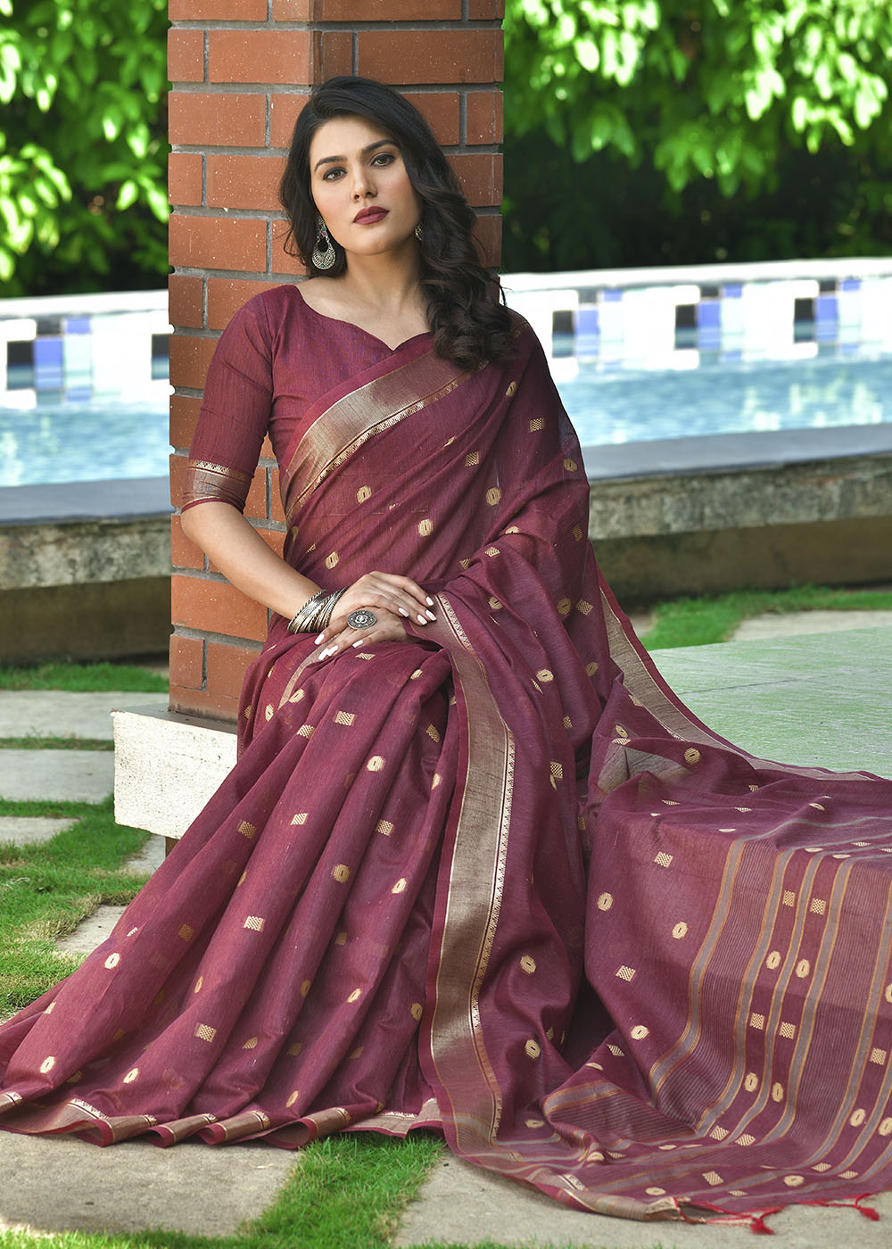 MySilkLove Copper Rust Purple Zari Woven Cotton Saree