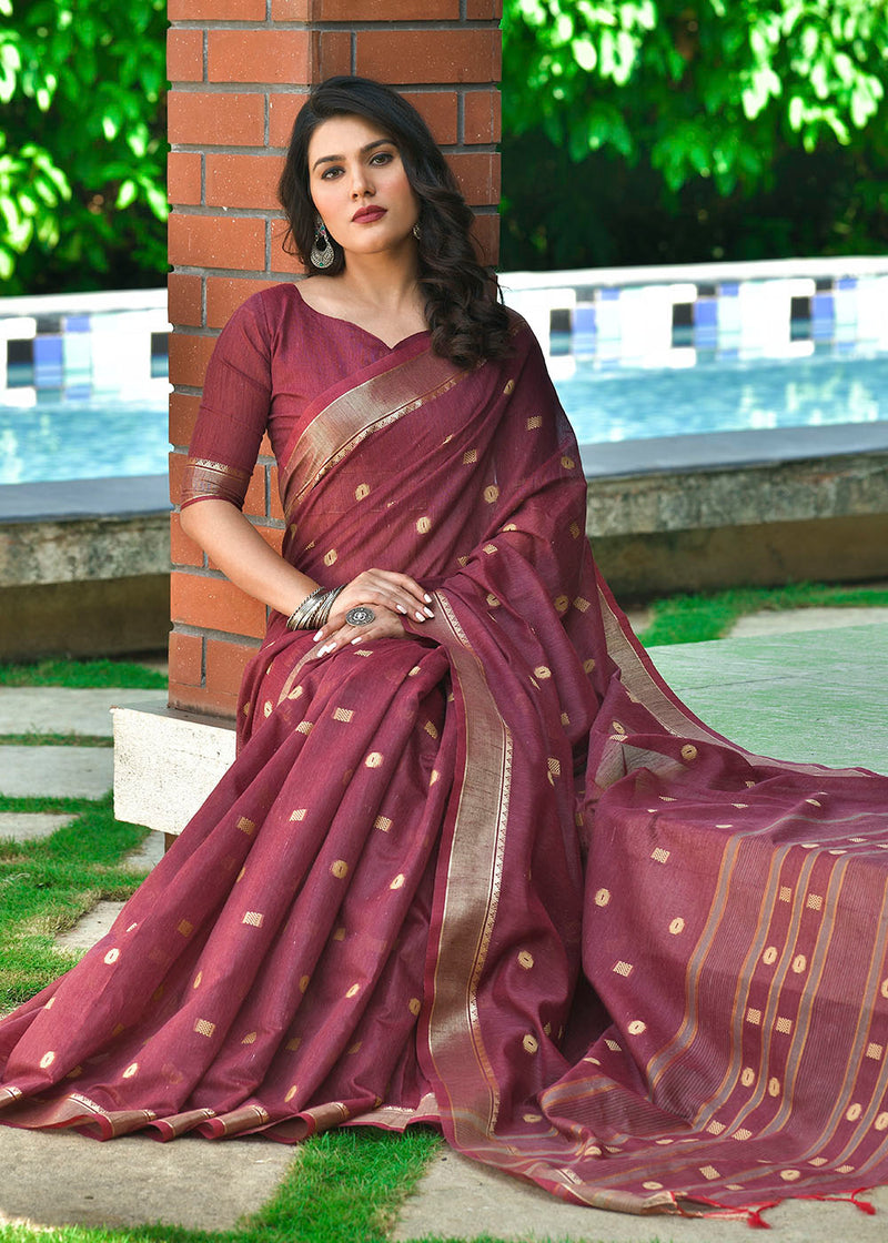 Copper Rust Purple Zari Woven Cotton Saree