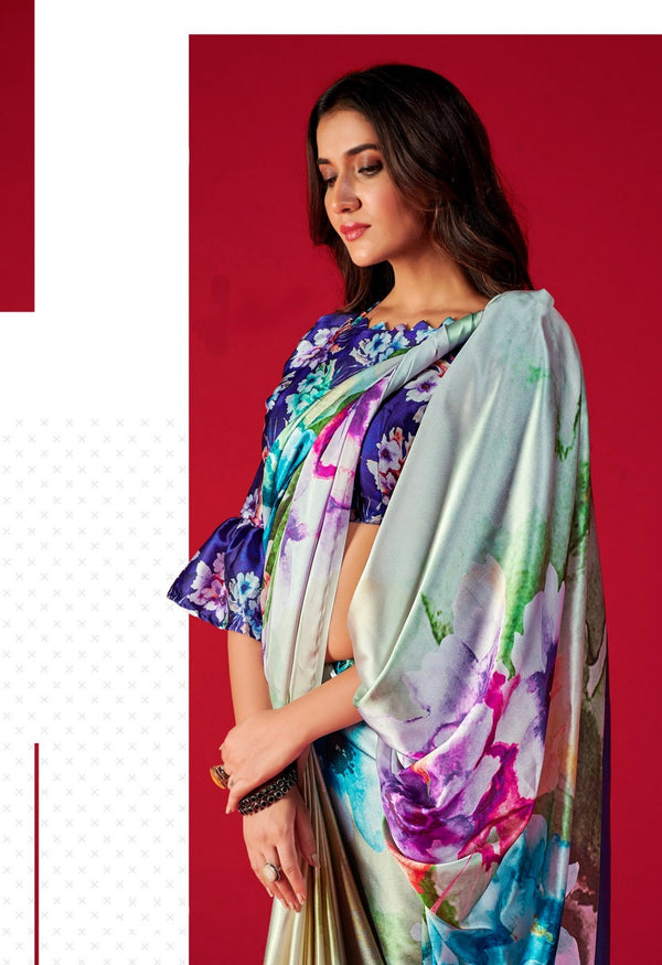 Willow Brook White Multicolored Satin Silk Saree
