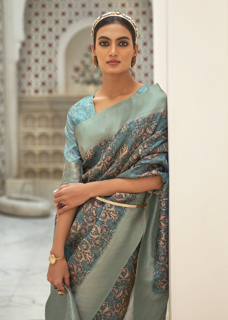 Battleship Green Digital Print Saree