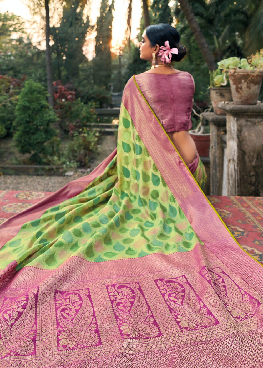 MySilkLove Celery Green and Pink Woven Organza Banarasi Silk Saree