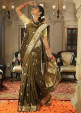 Old Copper Brown Katan Pure Silk Handwoven Kadwa Booti Saree