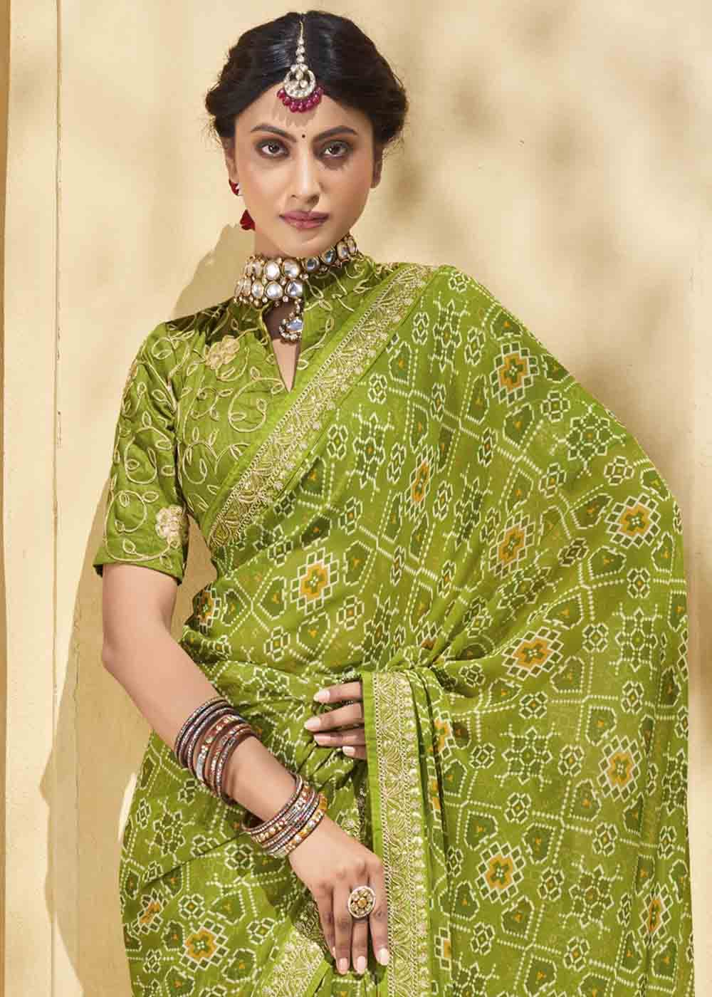 Buy MySilkLove Celery Green Patola Print Georgette Saree With Embroidered Blouse Online