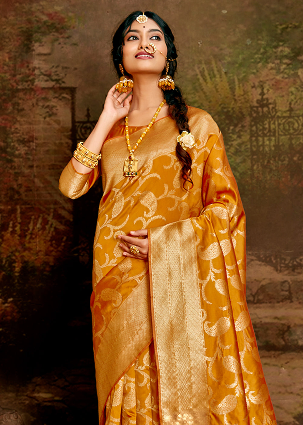 Buy MySilkLove Ochre Yellow Zari Woven Banarasi Jamdani Silk Saree Online