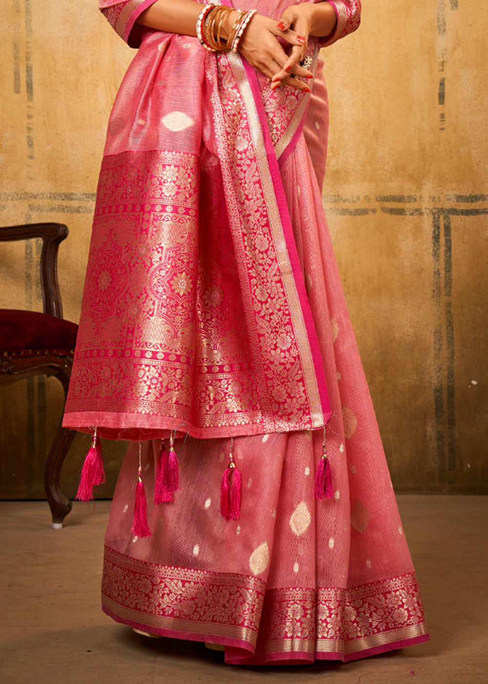 Buy MySilkLove Brink Pink Woven Banarasi Silk Saree Online