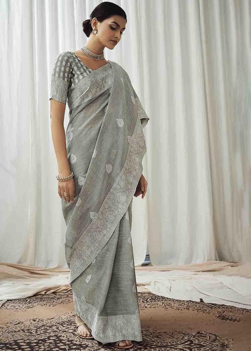 Buy MySilkLove Bitter Grey Chikankari Linen Saree Online