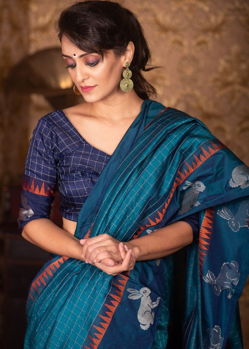 Jelly Bean Blue Banarasi Raw Silk Saree