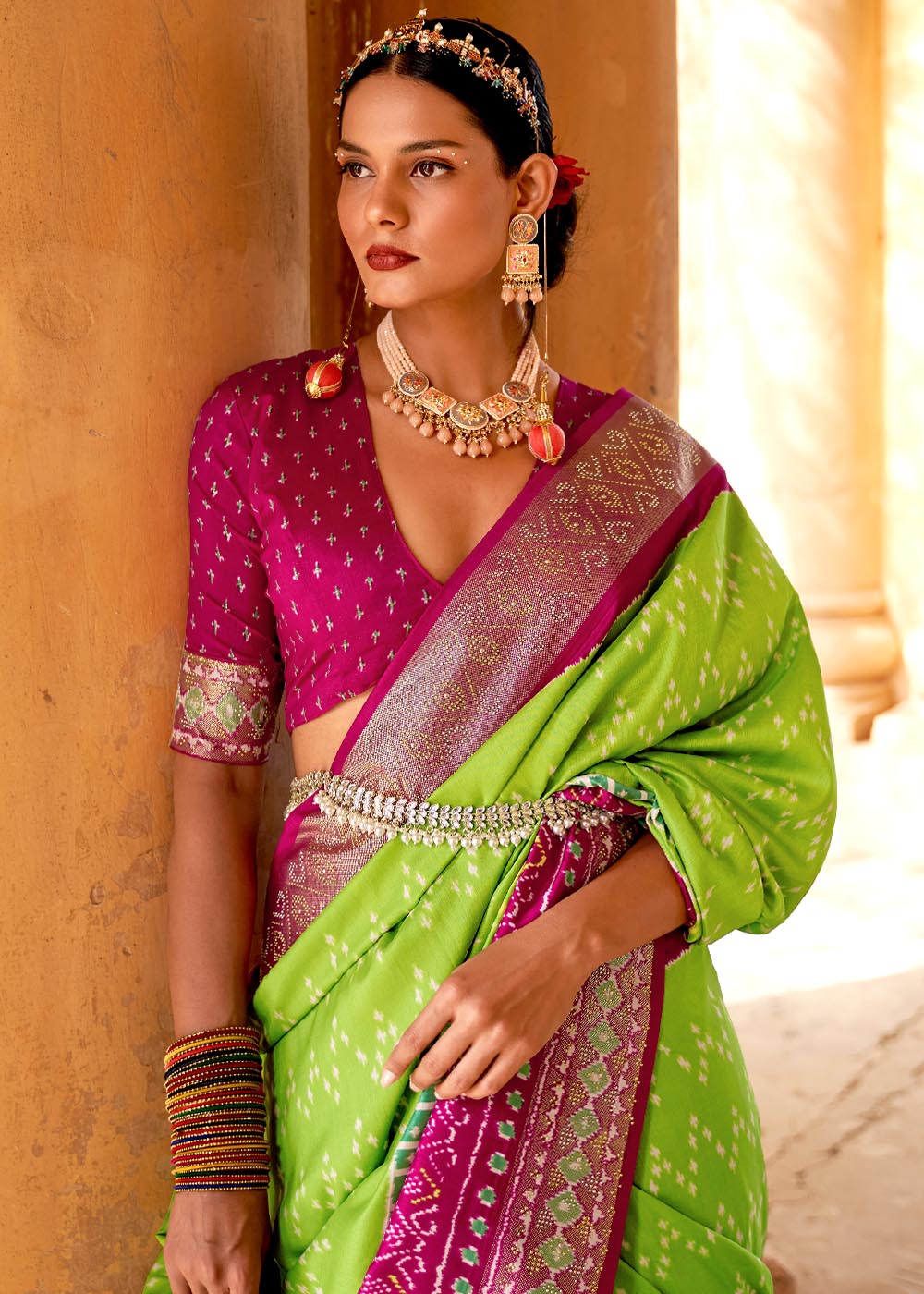 Buy MySilkLove Peridot Green and Pink Printed Patola Saree Online