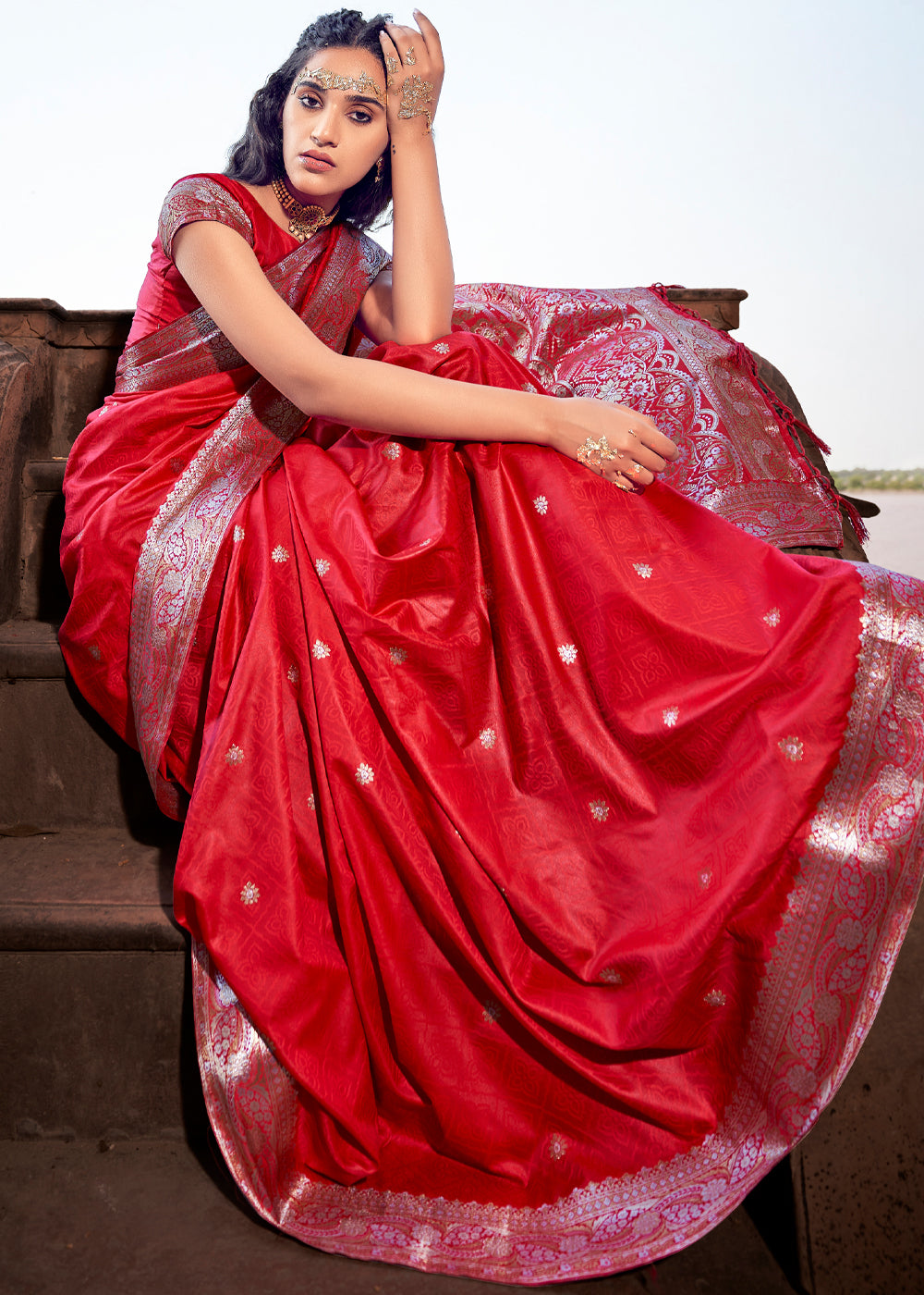 Buy MySilkLove Thunderbird Red Woven Banarasi Satin Silk Saree Online