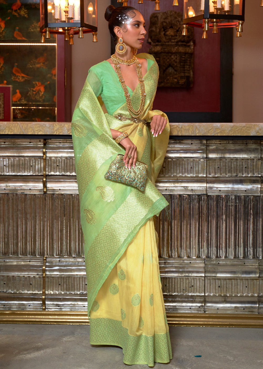Buy MySilkLove Brandy Yellow and Green Zari Woven Linen Saree Online