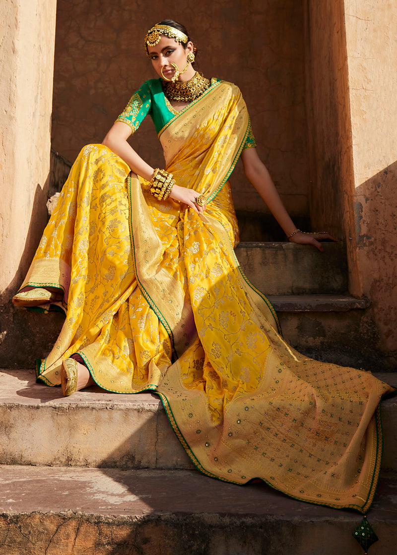 Mangalgiri silk cotton saree mustard yellow and green with hand block –  Cherrypick