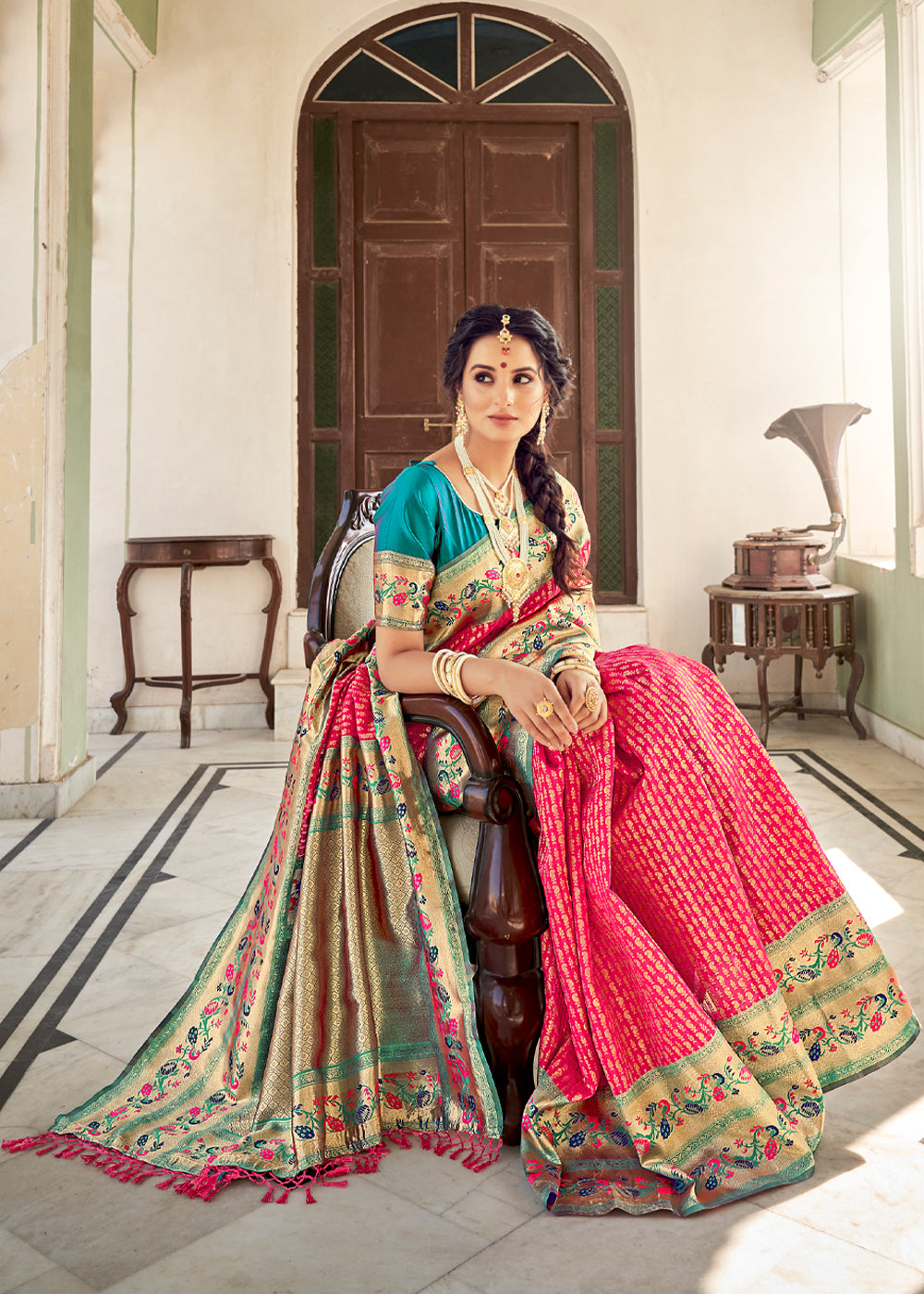 Buy MySilkLove Wild Pink and Blue Zari Woven Banarasi Brocade Saree Online