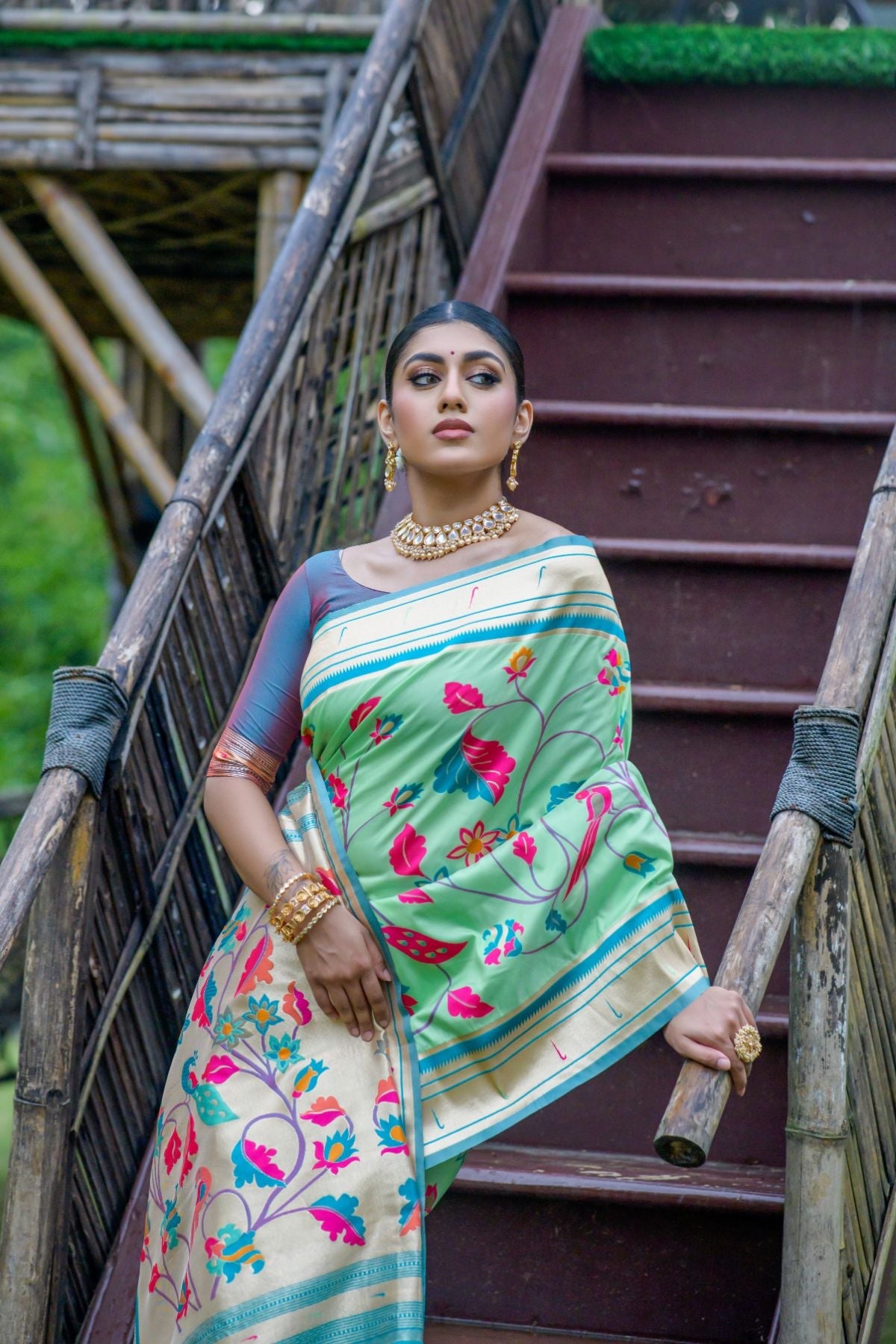 Buy MySilkLove Algae Green Banarasi Paithani Silk Saree Online