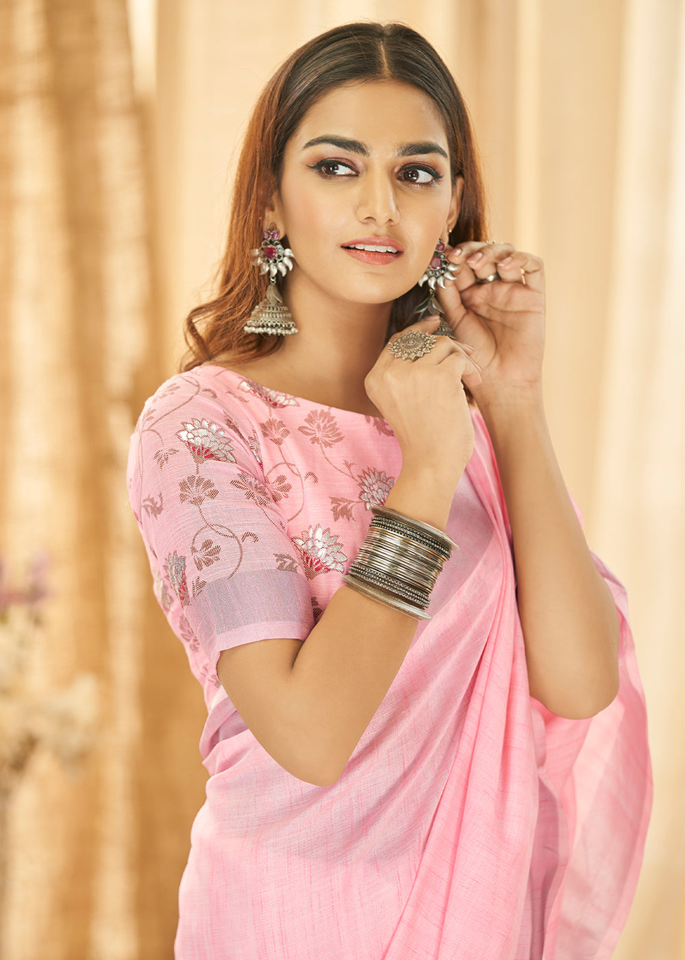 Buy MySilkLove Azalea Pink Zari Woven Linen Saree Online